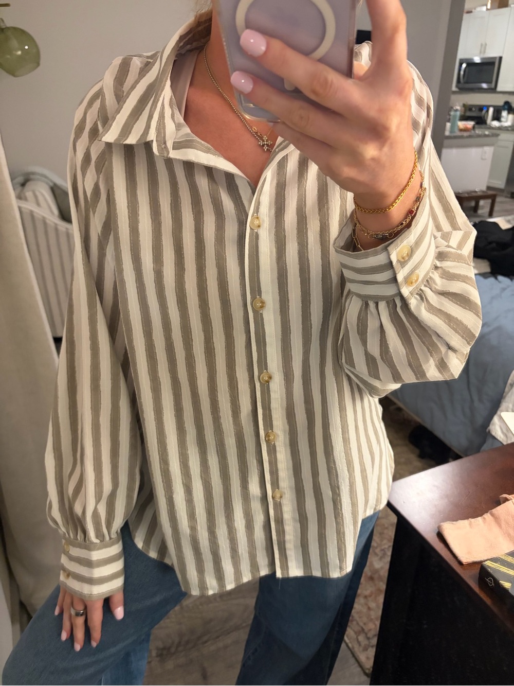 Vici Vertical Stripe Button-Down in Beige and White